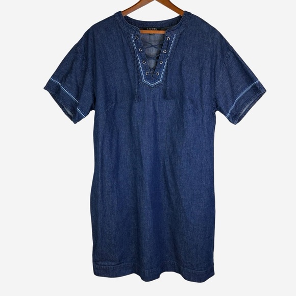 Lauren Ralph Lauren Denim Shift Dress 16W Embroidered Tasseled Knee Length - Picture 1 of 11